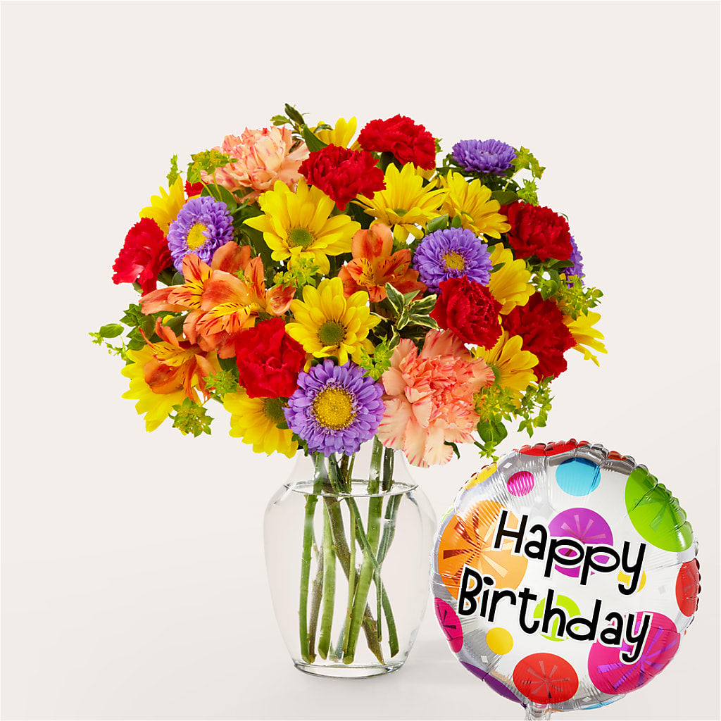 Kaleidoscope Bouquet with Birthday Balloon – LA DEANNE'S FLORIST, Cuthbert GA