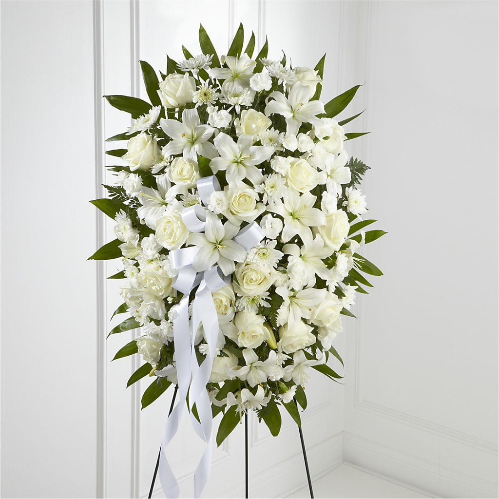 Exquisite Tribute Standing Spray-White Ribbon – LA DEANNE'S FLORIST, Cuthbert GA